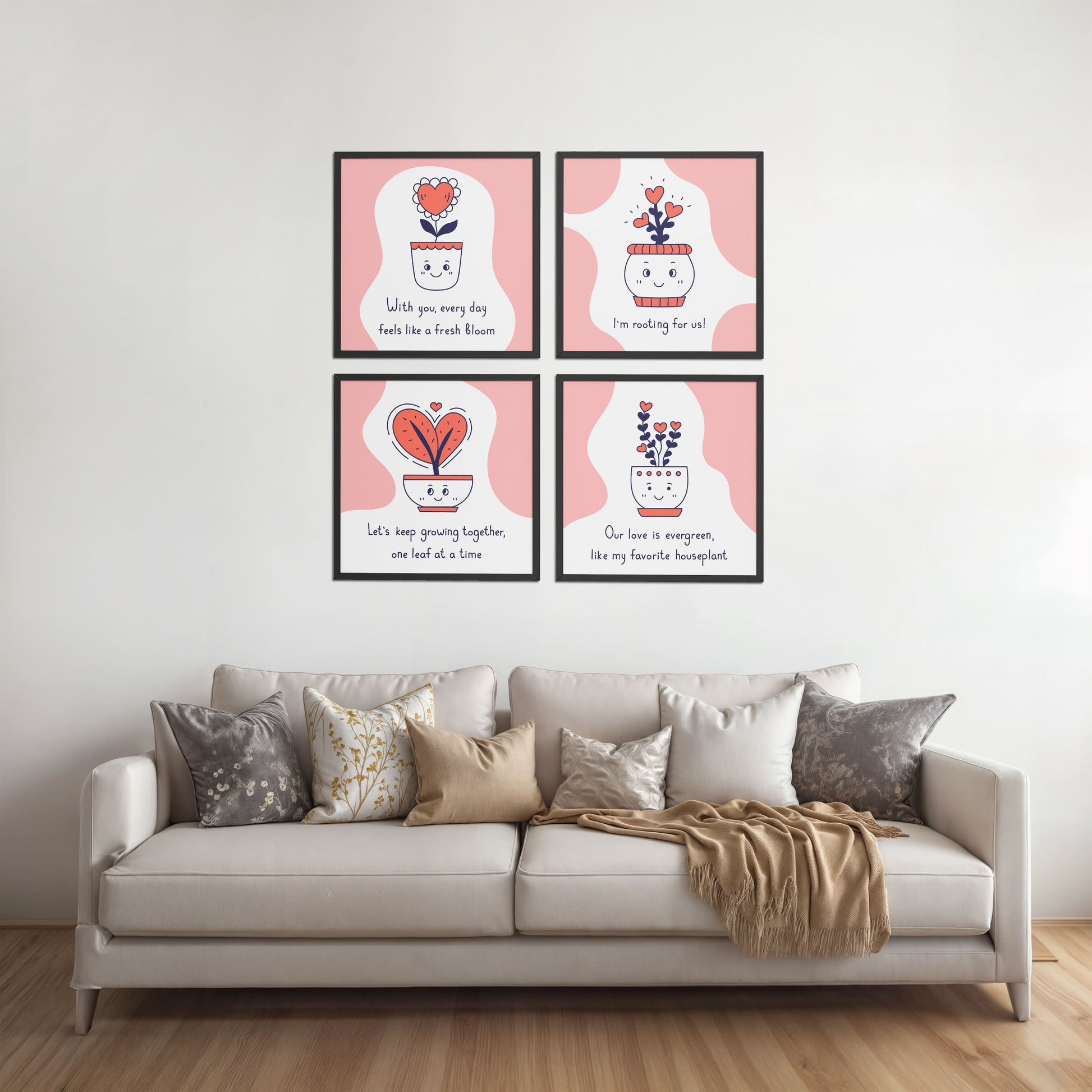 Living Room Sofa Preview of Cute Plant Love Quotes Wall Art Set of 4 Frames in Black Color Frame
