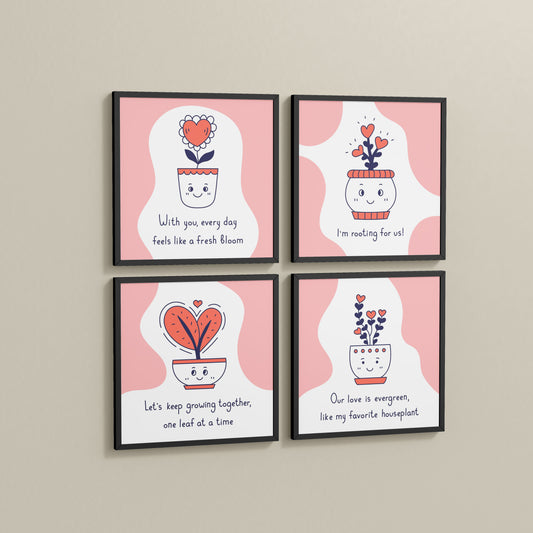 Side View of Cute Plant Love Quotes Wall Art Set of 4 Frames in Black Color Frame