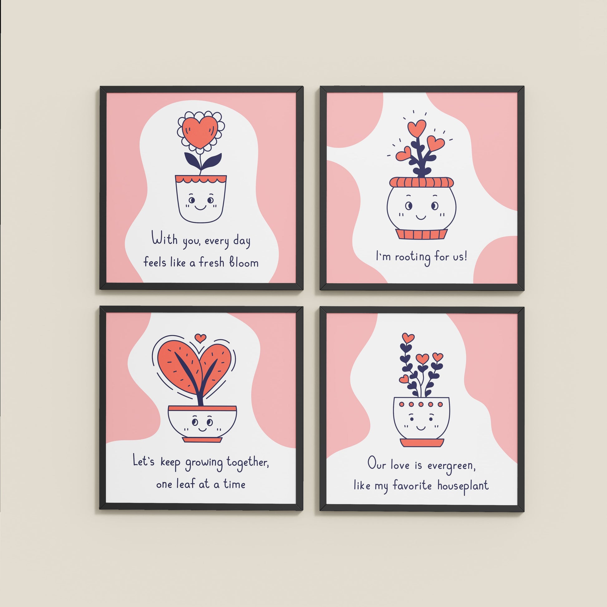 Wall View of Cute Plant Love Quotes Wall Art Set of 4 Frames in Black Color Frame