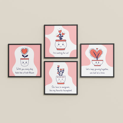 Inclined Floor View of Cute Plant Love Quotes Wall Art Set of 4 Frames in Black Color Frame