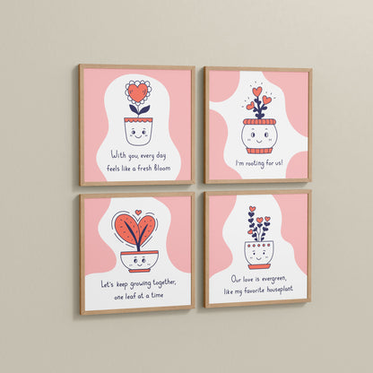 Side View of Cute Plant Love Quotes Wall Art Set of 4 Frames in Natrual Color Frame