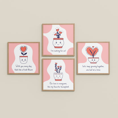 Inclined Floor View of Cute Plant Love Quotes Wall Art Set of 4 Frames in Natrual Color Frame