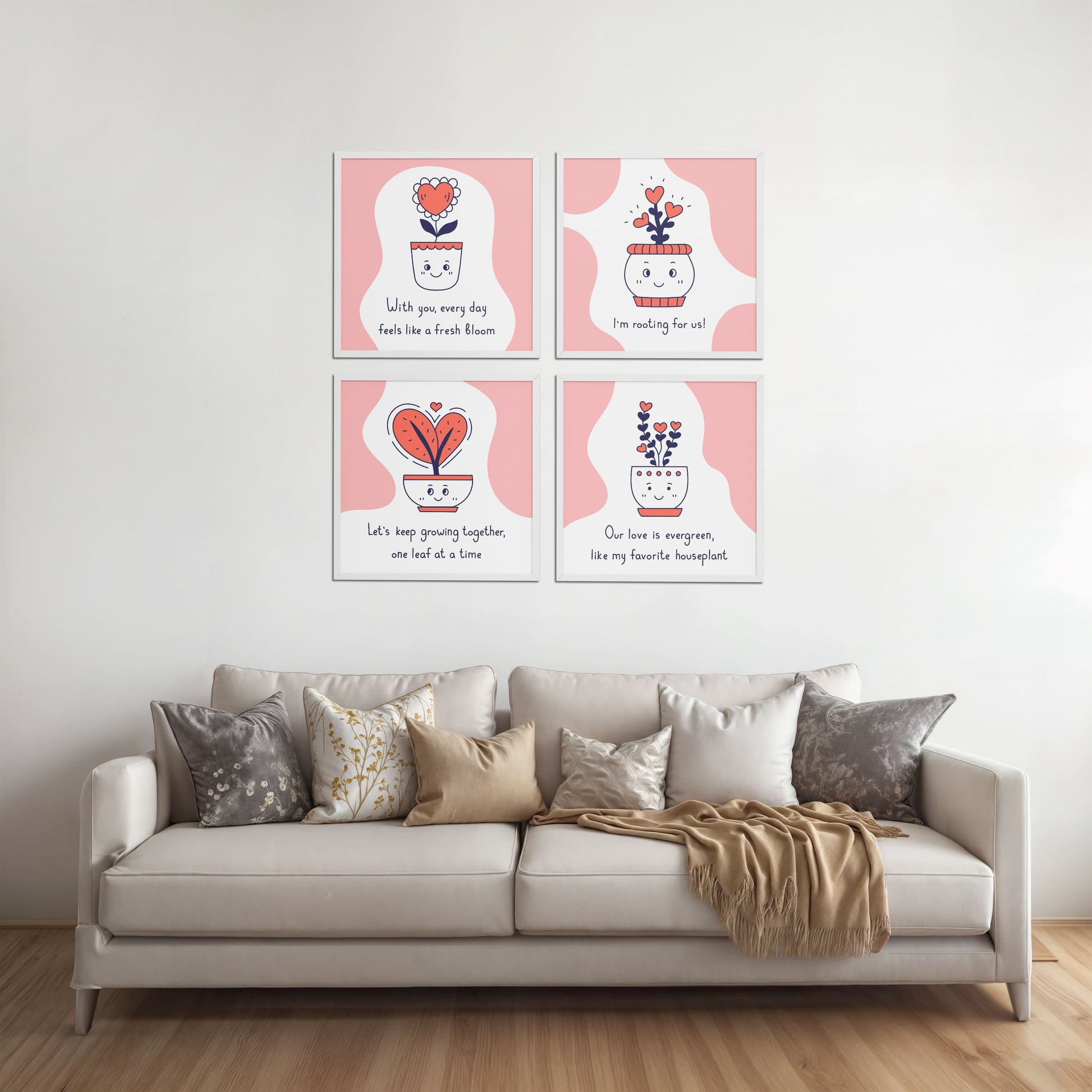 Living Room Sofa Preview of Cute Plant Love Quotes Wall Art Set of 4 Frames in White Color Frame
