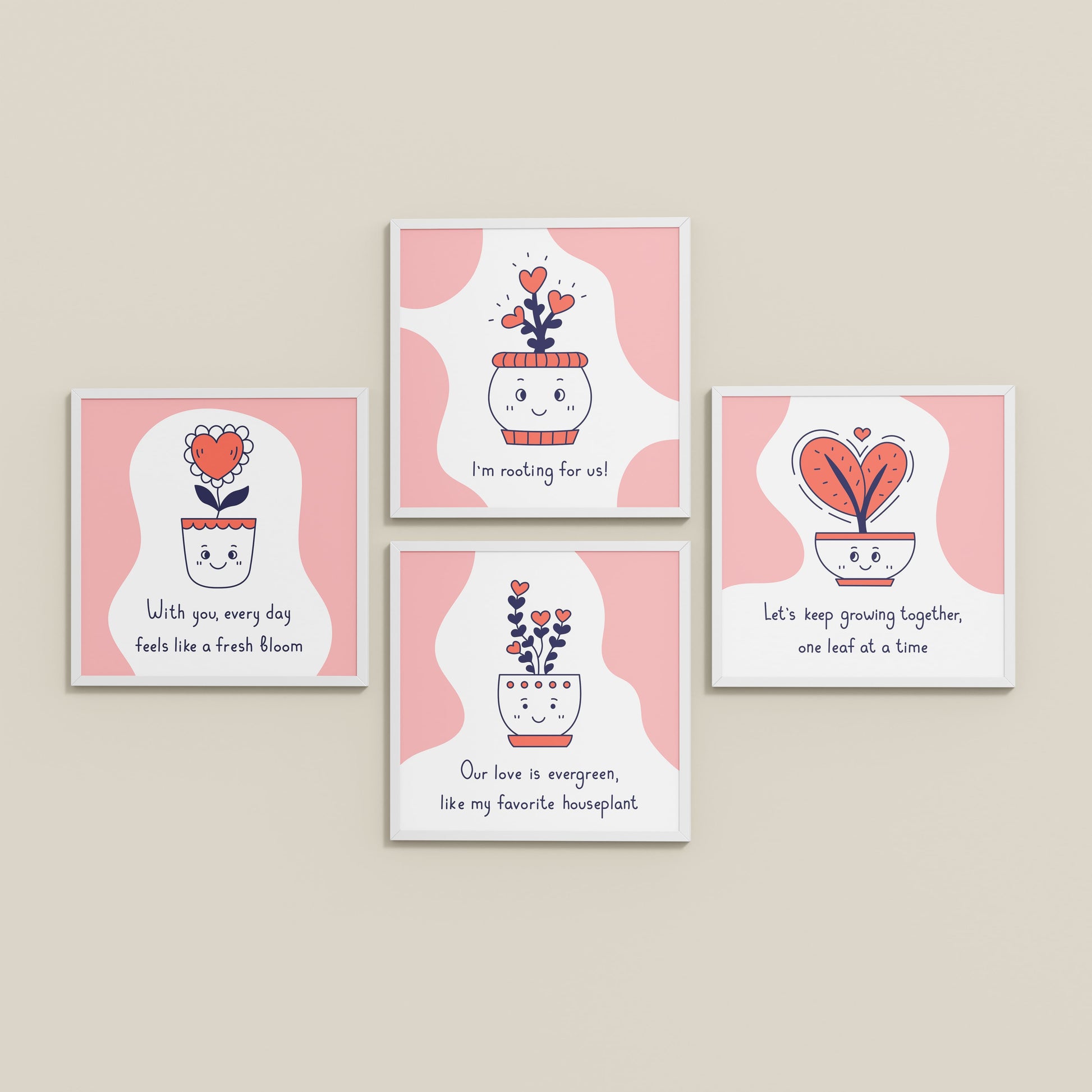 Inclined Floor View of Cute Plant Love Quotes Wall Art Set of 4 Frames in White Color Frame