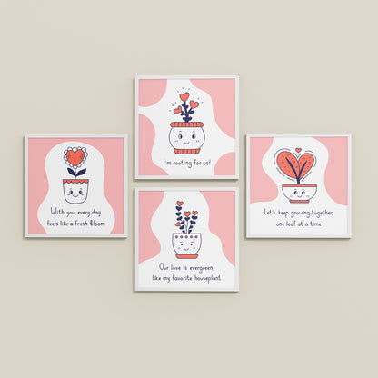 Inclined Floor View of Cute Plant Love Quotes Wall Art Set of 4 Frames in White Color Frame