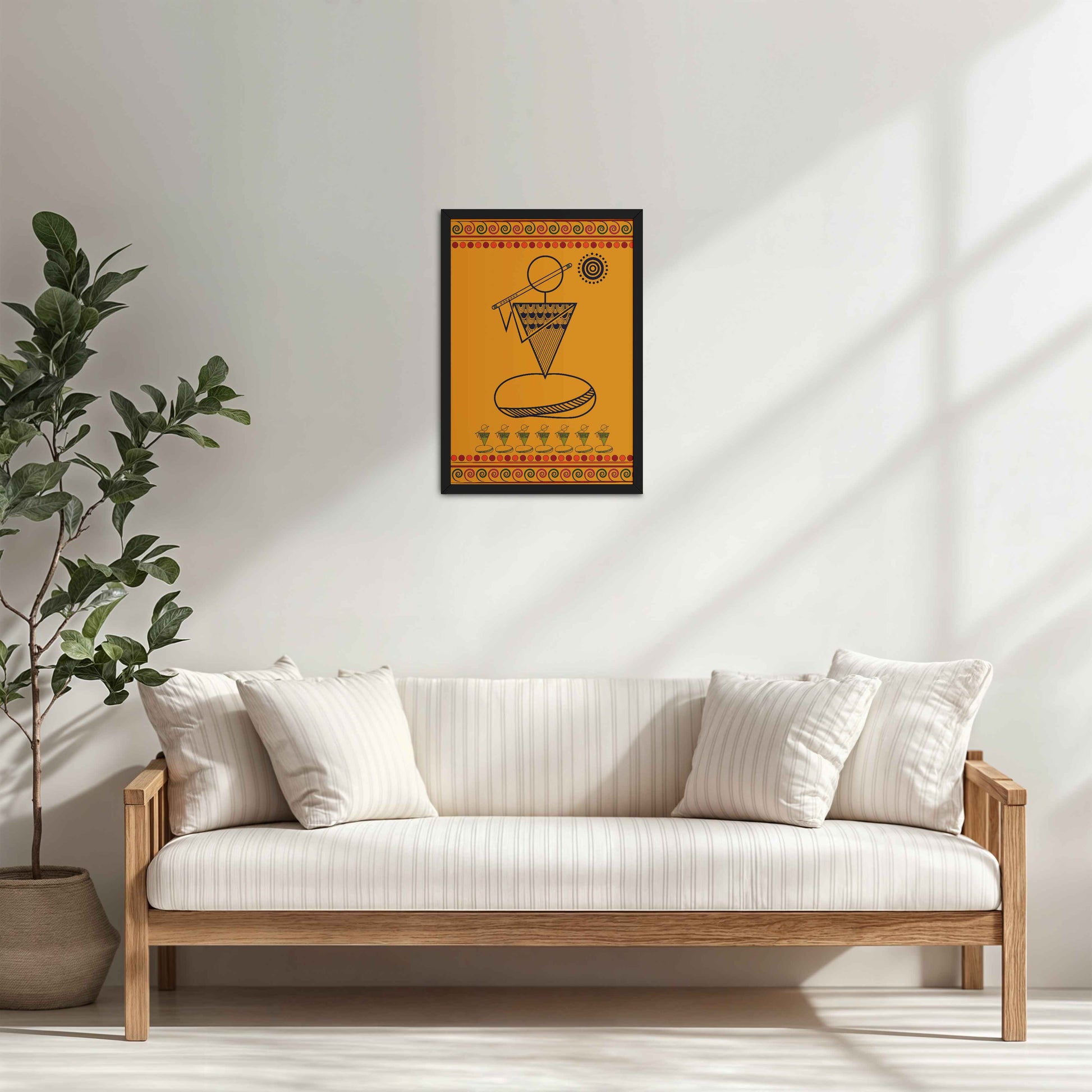 Living Room Cabinet Table Preview of Flute Player in Warli Art – Traditional Folk Style Wall Decor in Black Color Frame