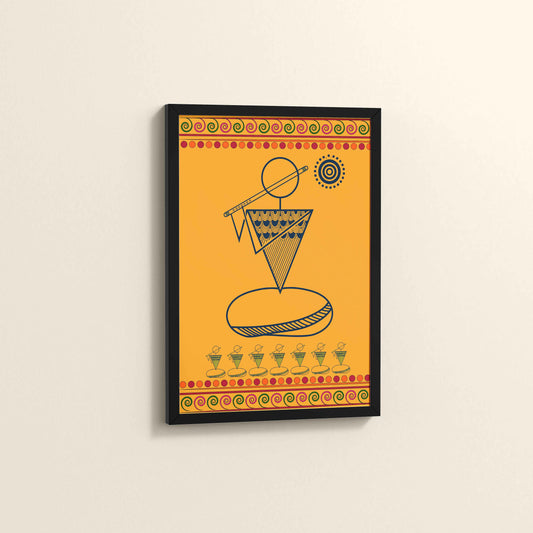 Side View of Flute Player in Warli Art – Traditional Folk Style Wall Decor in Black Color Frame