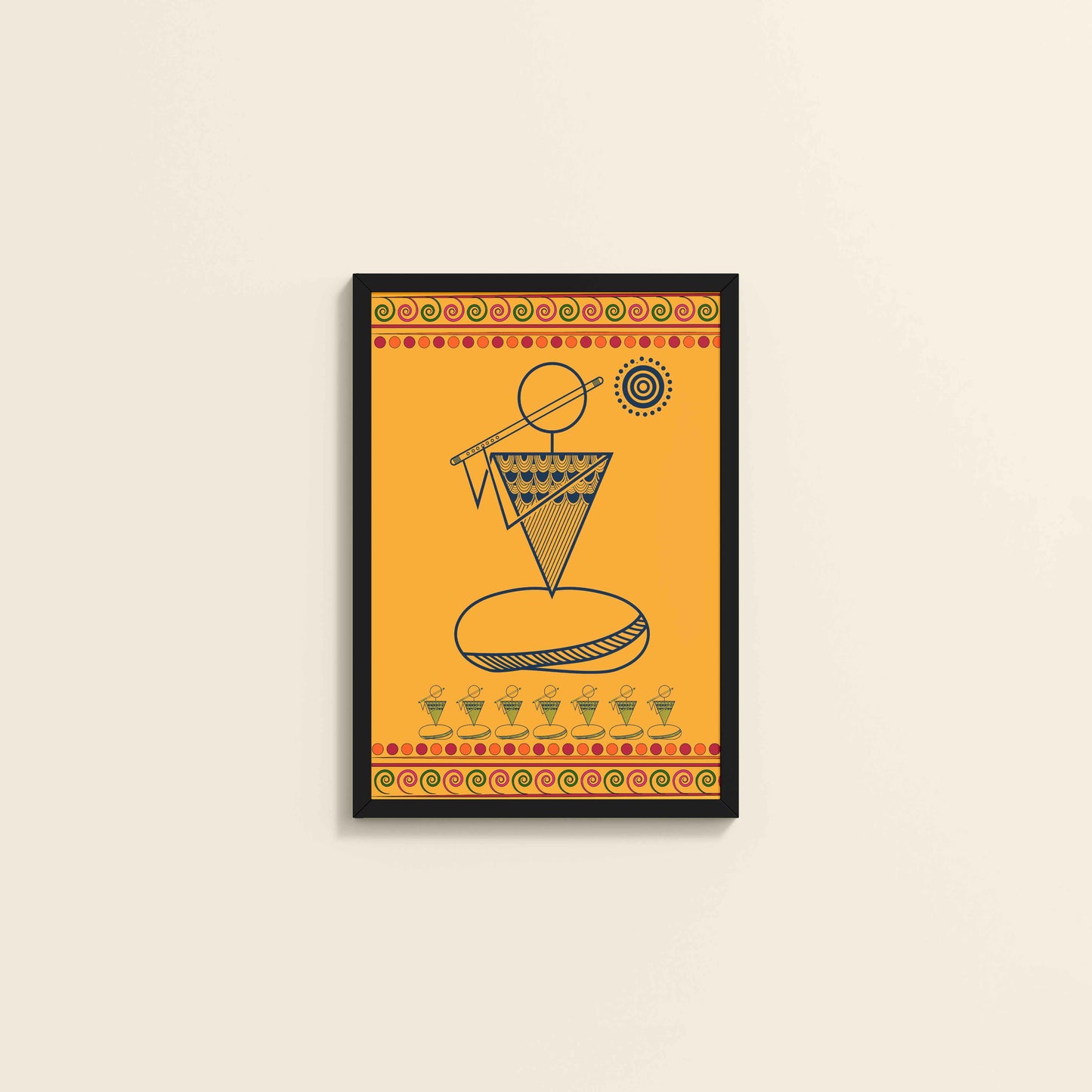Wall View of Flute Player in Warli Art – Traditional Folk Style Wall Decor in Black Color Frame