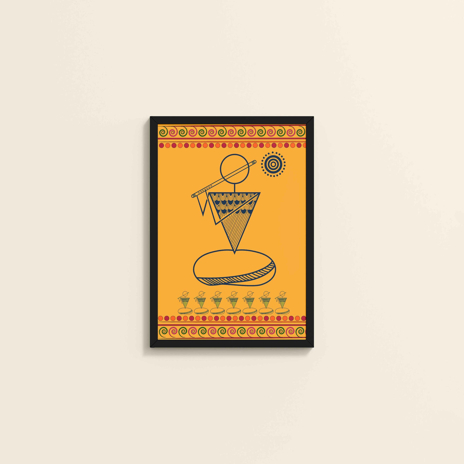 Wall View of Flute Player in Warli Art – Traditional Folk Style Wall Decor in Black Color Frame