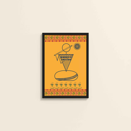 Wall View of Flute Player in Warli Art – Traditional Folk Style Wall Decor in Black Color Frame