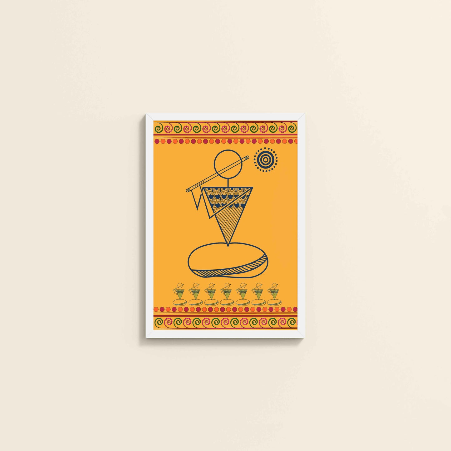 Wall View of Flute Player in Warli Art – Traditional Folk Style Wall Decor in White Color Frame