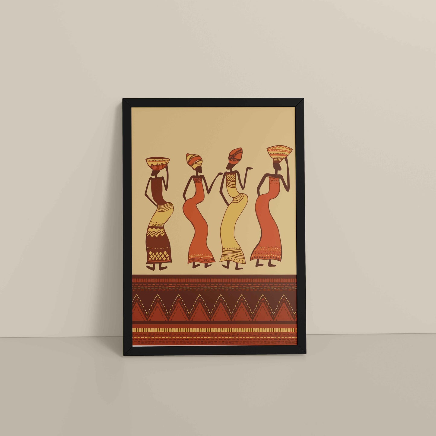 Floor View of Abstract African Dancing Ladies – Warli Style Art Frame in Black Color Frame