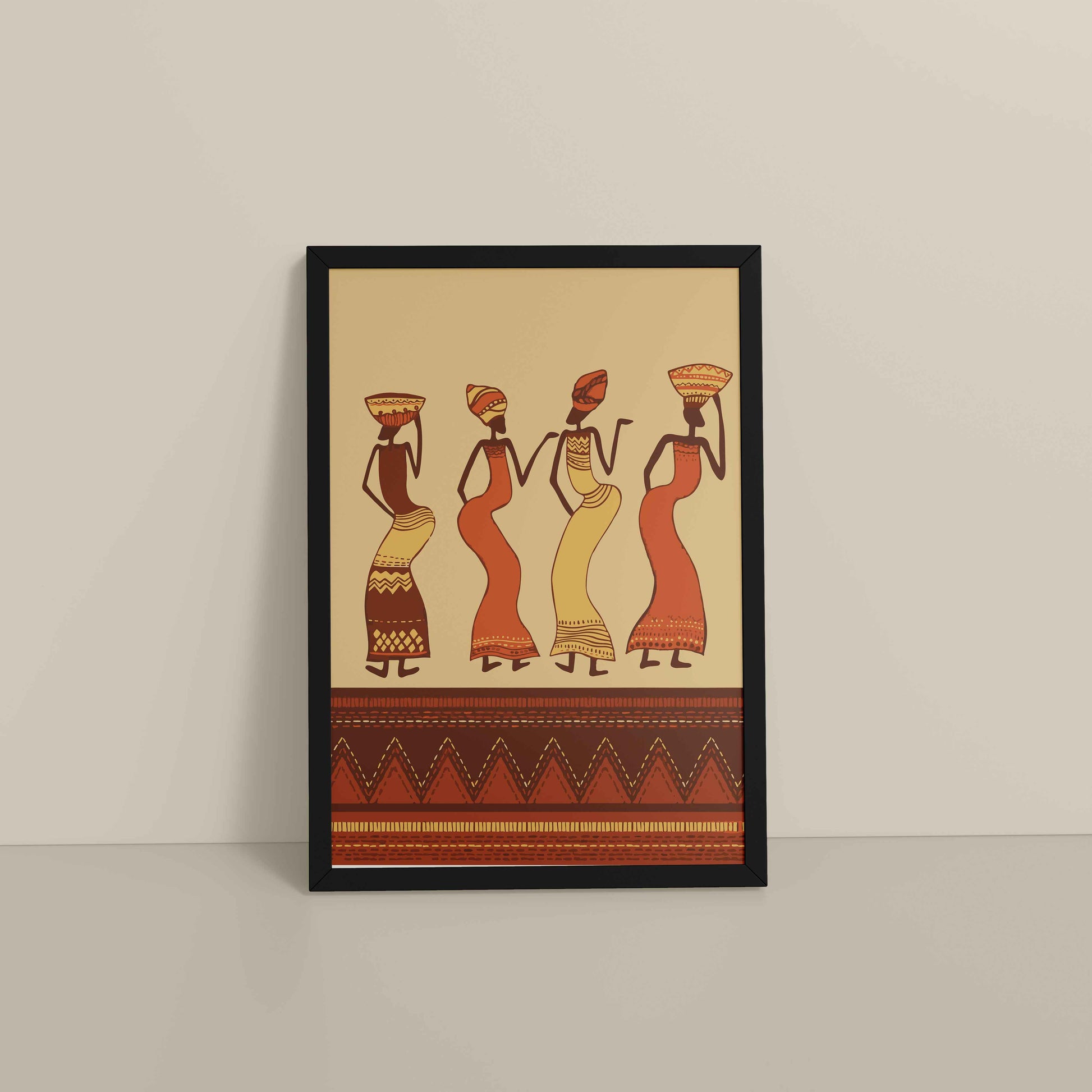 Floor View of Abstract African Dancing Ladies – Warli Style Art Frame in Black Color Frame
