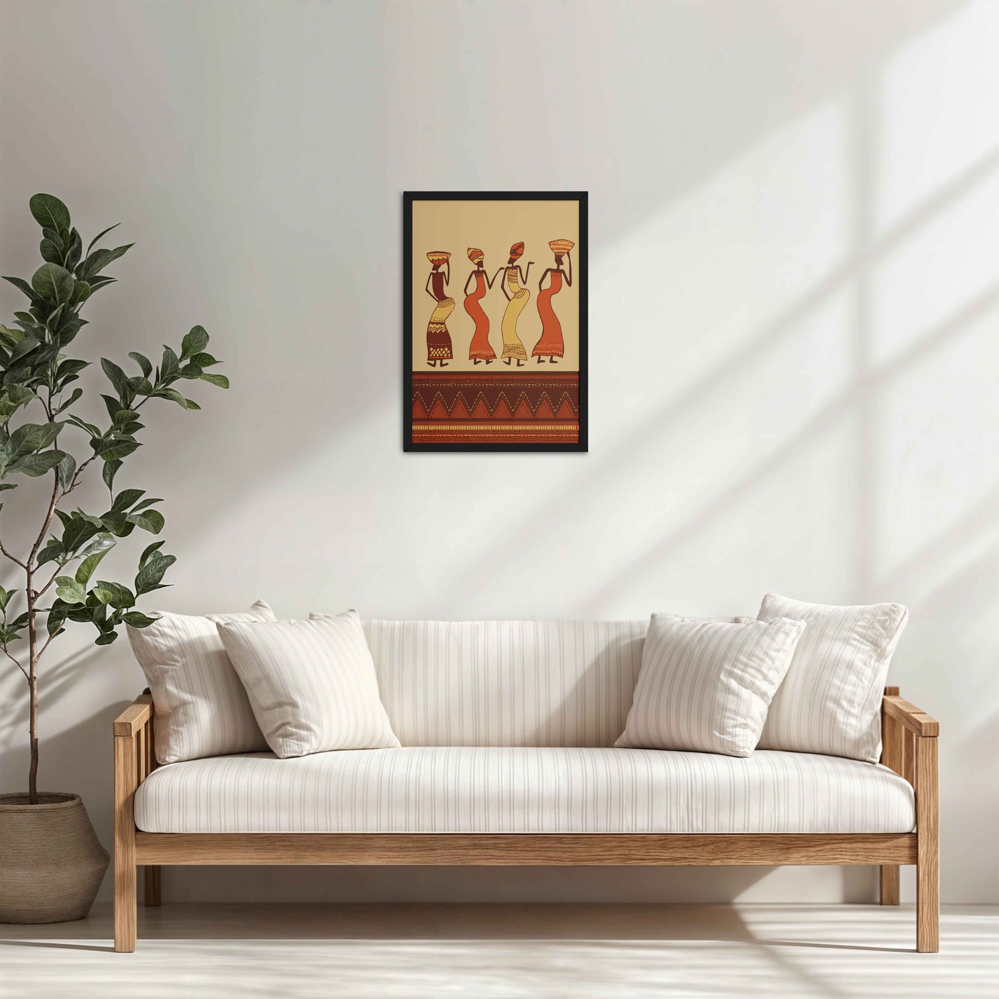 Living Room Cabinet Table Preview of Abstract African Dancing Ladies – Warli Style Art Frame in Black Color Frame