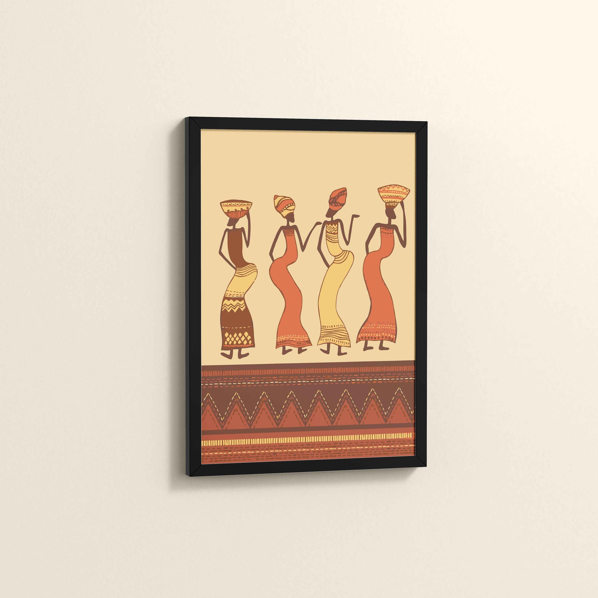 Side View of Abstract African Dancing Ladies – Warli Style Art Frame in Black Color Frame