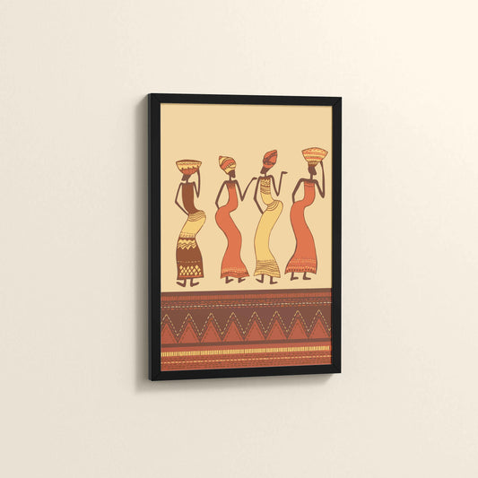 Side View of Abstract African Dancing Ladies – Warli Style Art Frame in Black Color Frame