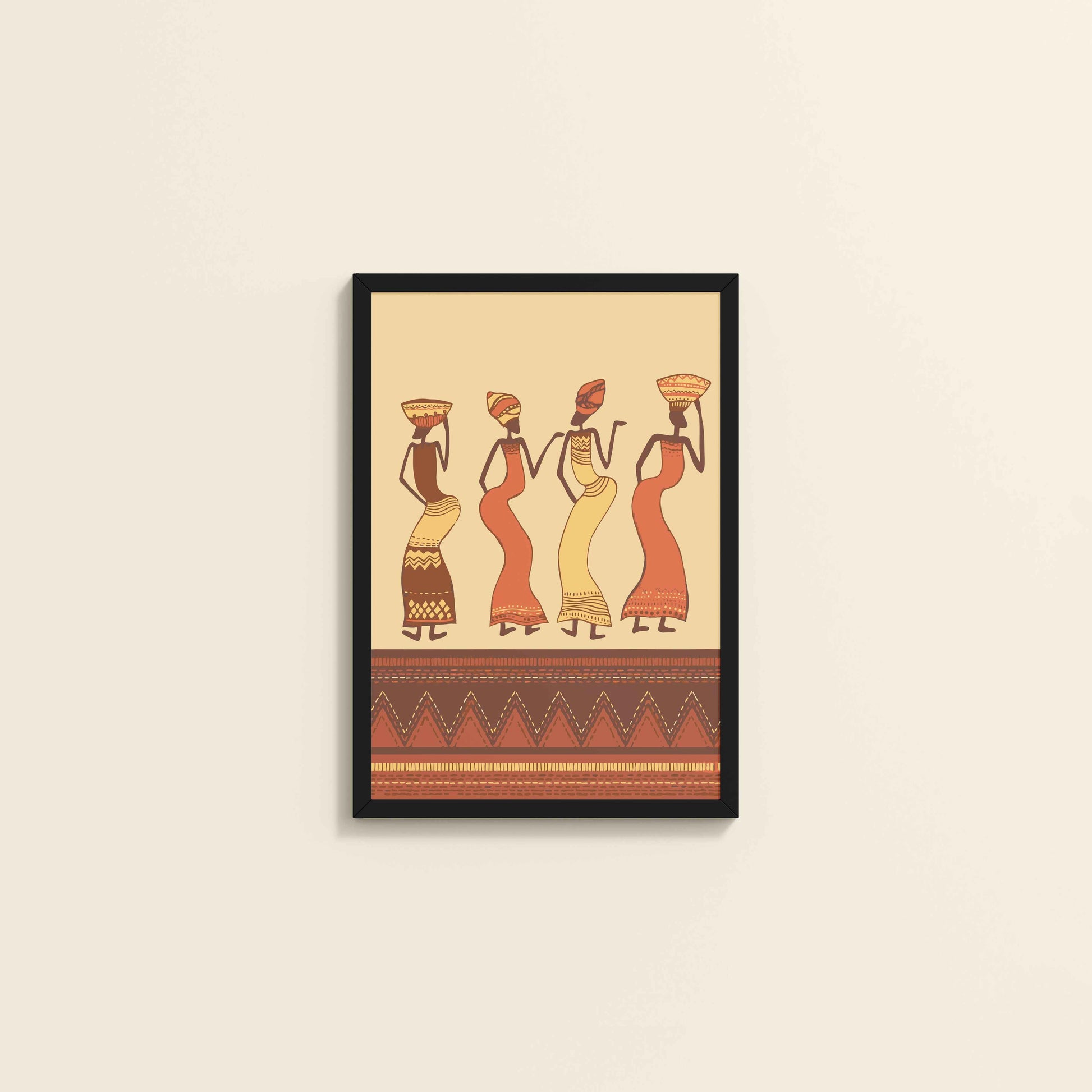 Wall View of Abstract African Dancing Ladies – Warli Style Art Frame in Black Color Frame