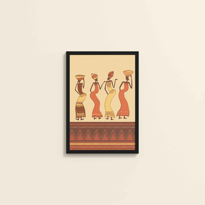 Wall View of Abstract African Dancing Ladies – Warli Style Art Frame in Black Color Frame
