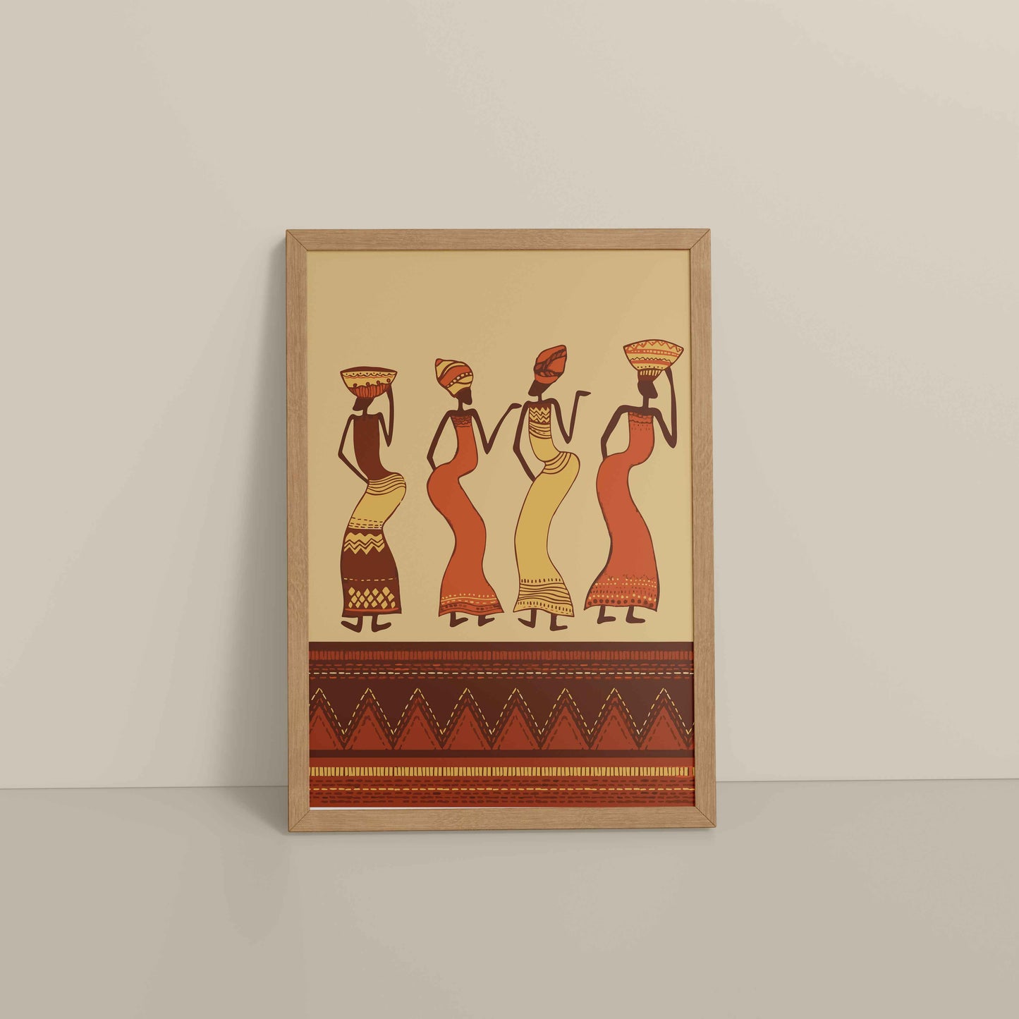 Floor View of Abstract African Dancing Ladies – Warli Style Art Frame in Natrual Color Frame