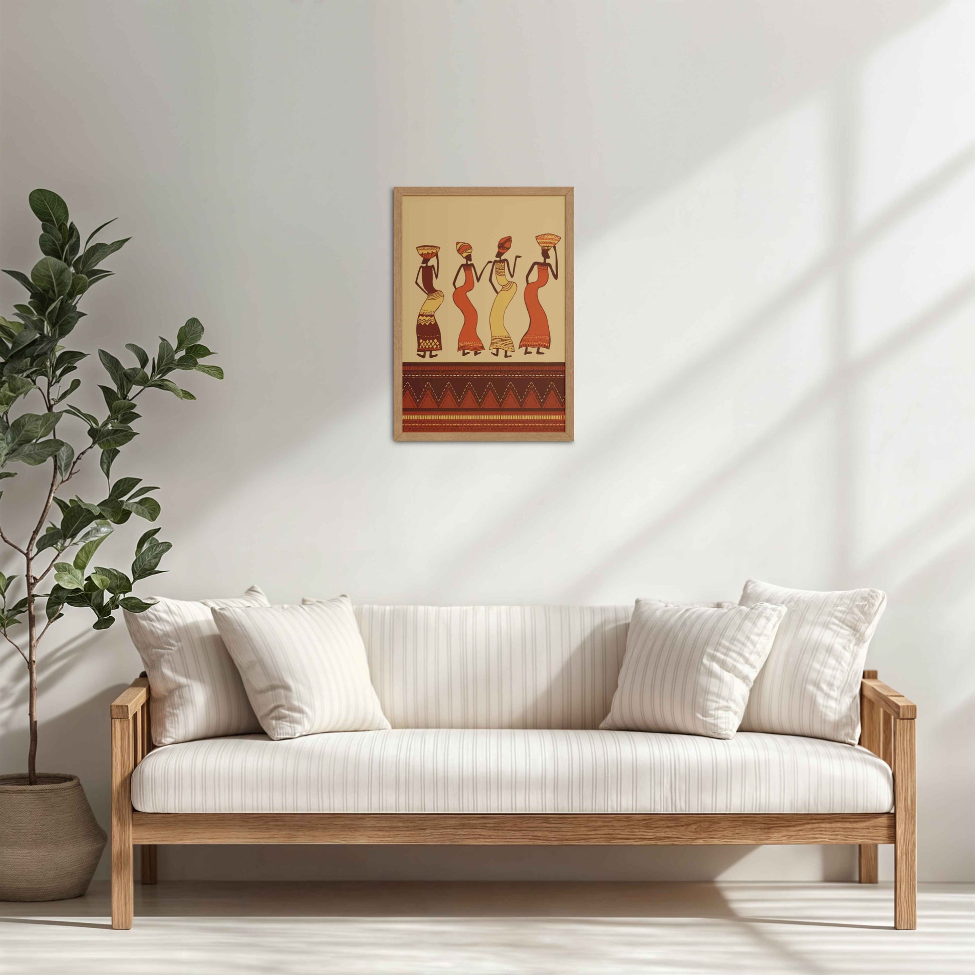 Living Room Cabinet Table Preview of Abstract African Dancing Ladies – Warli Style Art Frame in Natrual Color Frame