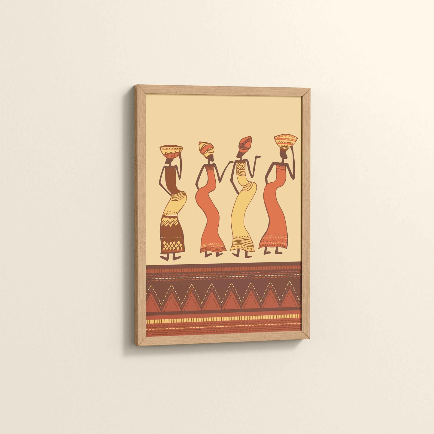Side View of Abstract African Dancing Ladies – Warli Style Art Frame in Natrual Color Frame