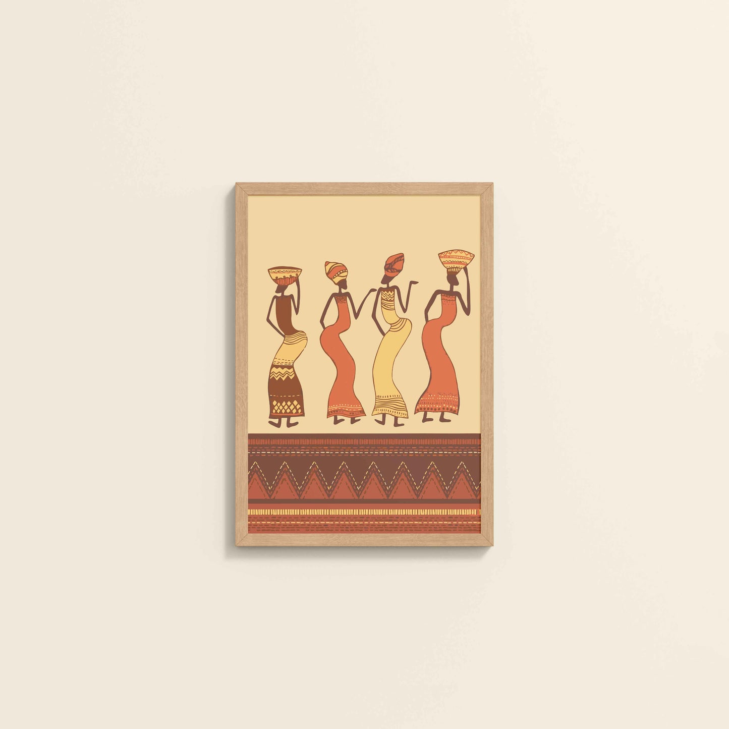 Wall View of Abstract African Dancing Ladies – Warli Style Art Frame in Natrual Color Frame