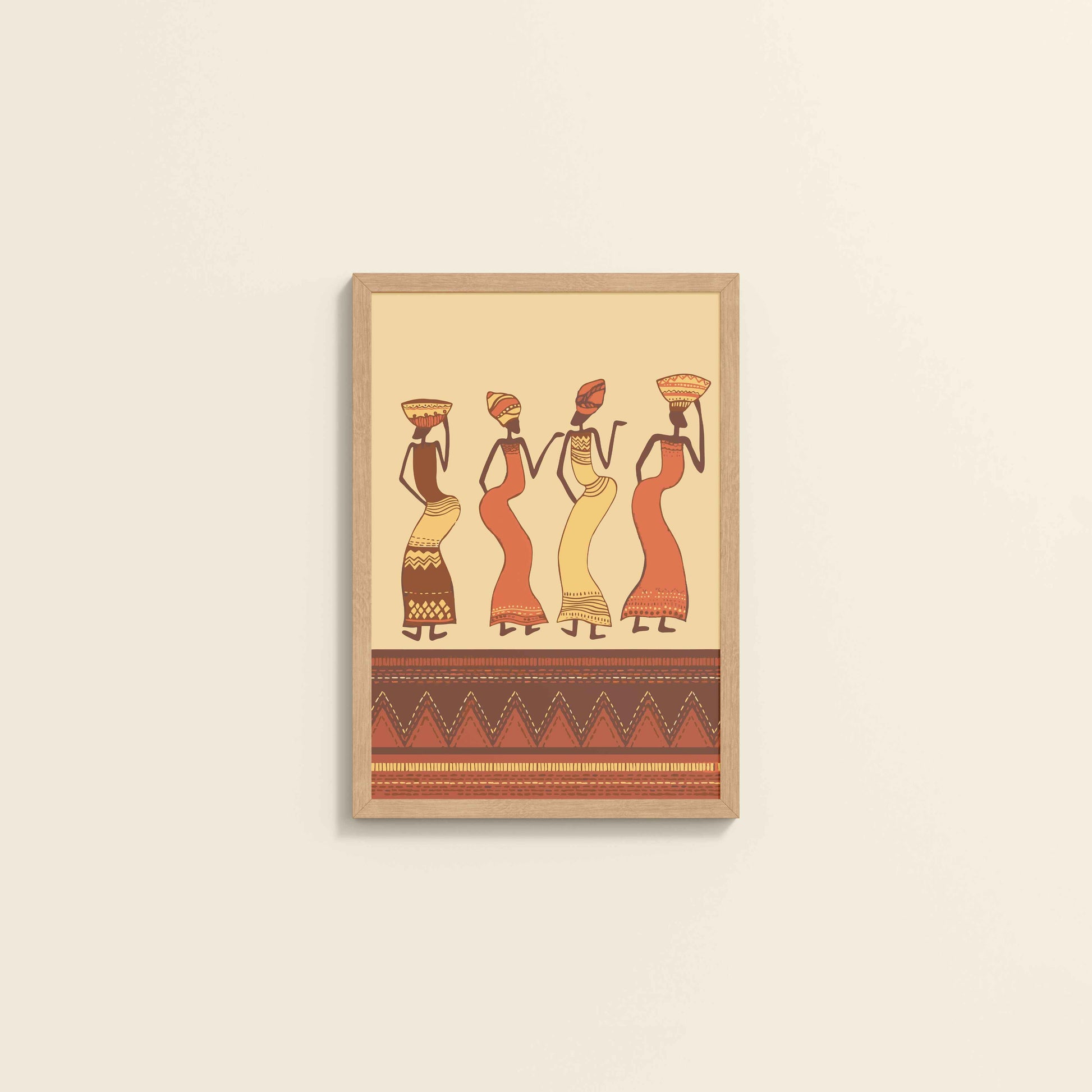 Wall View of Abstract African Dancing Ladies – Warli Style Art Frame in Natrual Color Frame