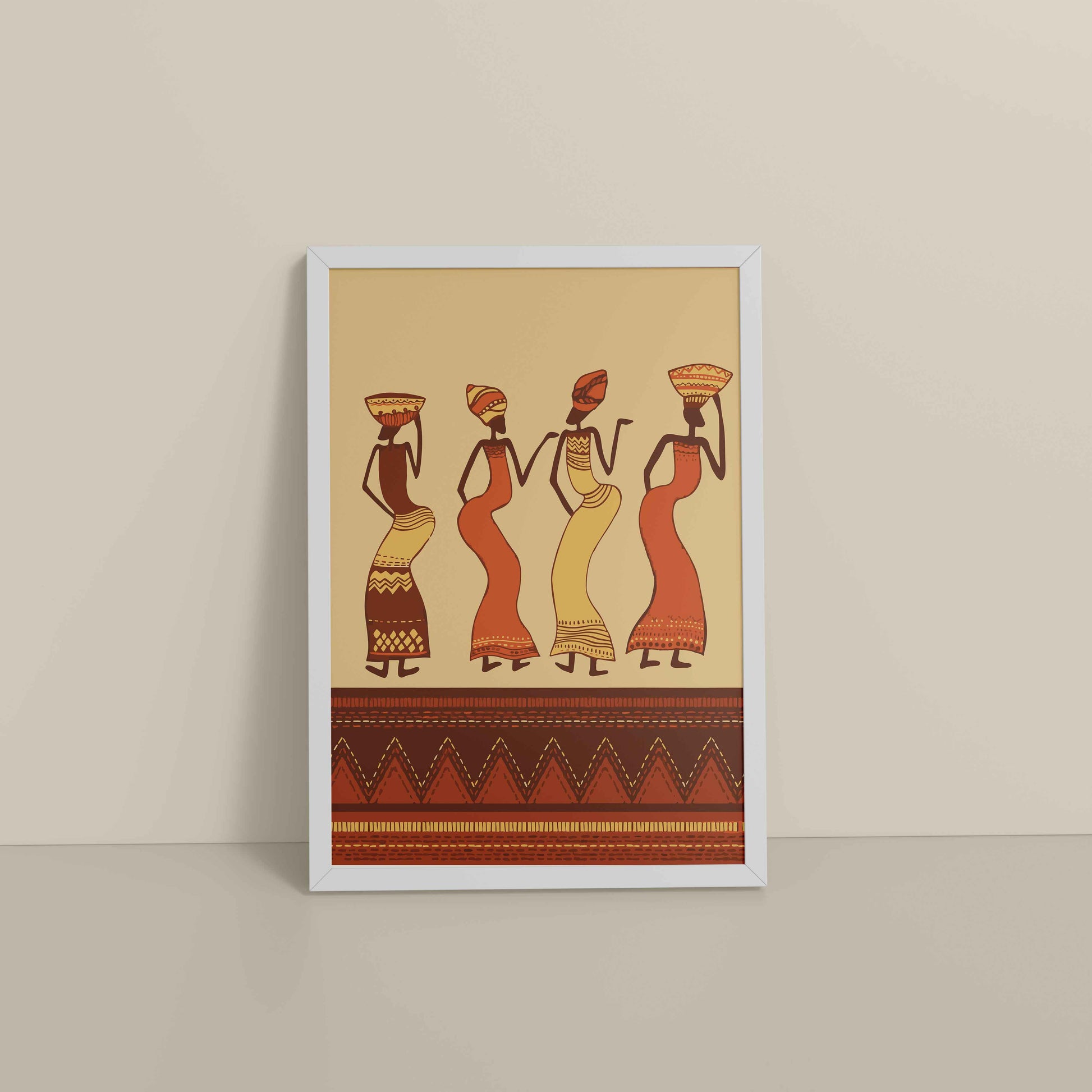Floor View of Abstract African Dancing Ladies – Warli Style Art Frame in White Color Frame