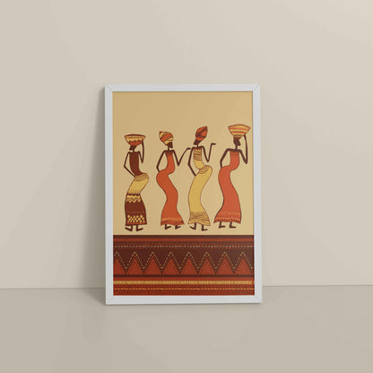 Floor View of Abstract African Dancing Ladies – Warli Style Art Frame in White Color Frame