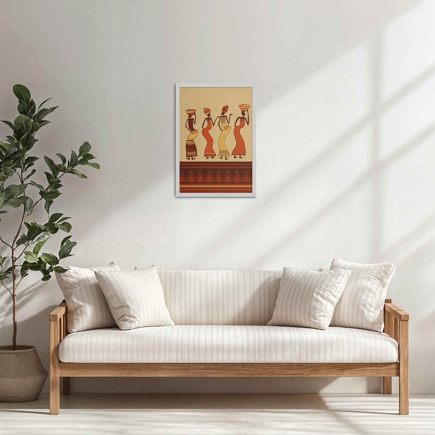 Living Room Cabinet Table Preview of Abstract African Dancing Ladies – Warli Style Art Frame in White Color Frame