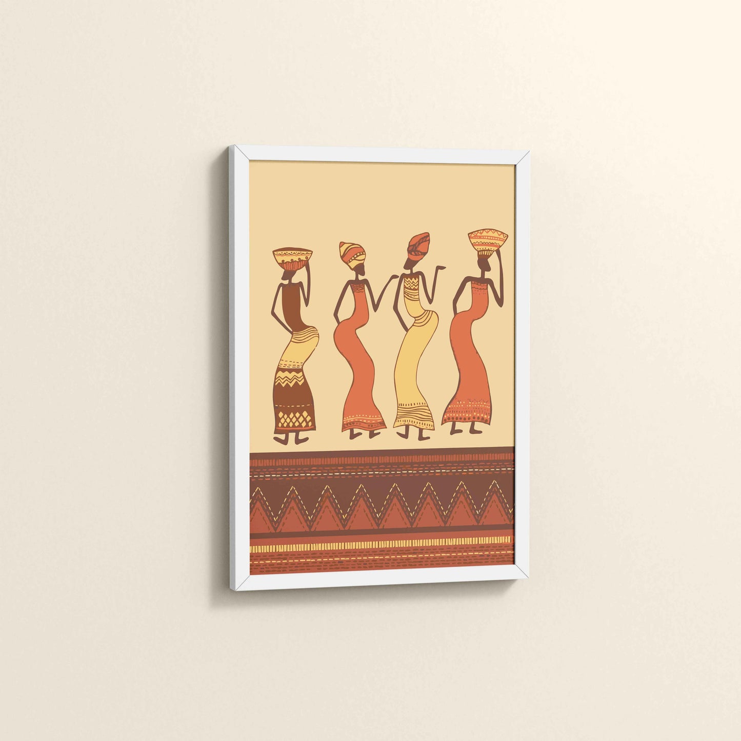 Side View of Abstract African Dancing Ladies – Warli Style Art Frame in White Color Frame