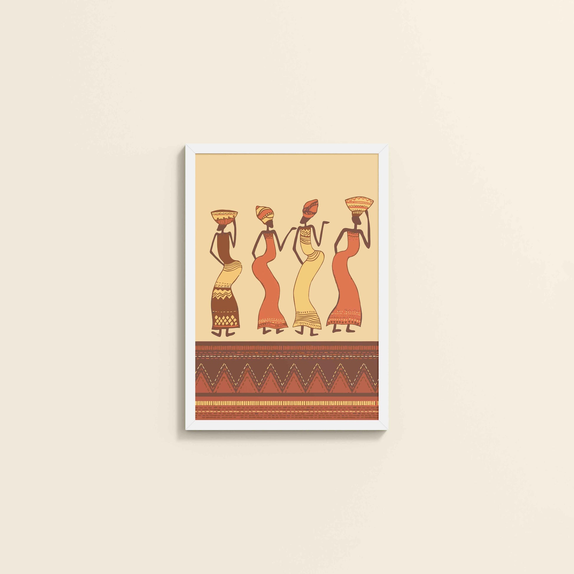 Wall View of Abstract African Dancing Ladies – Warli Style Art Frame in White Color Frame