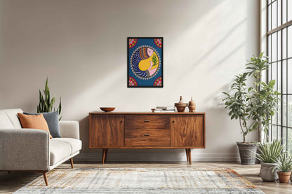 Living Room Sofa Preview of Fish in Flow – Traditional Warli Art Wall Frame in Black Color Frame