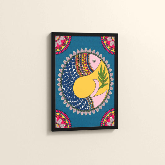 Side View of Fish in Flow – Traditional Warli Art Wall Frame in Black Color Frame