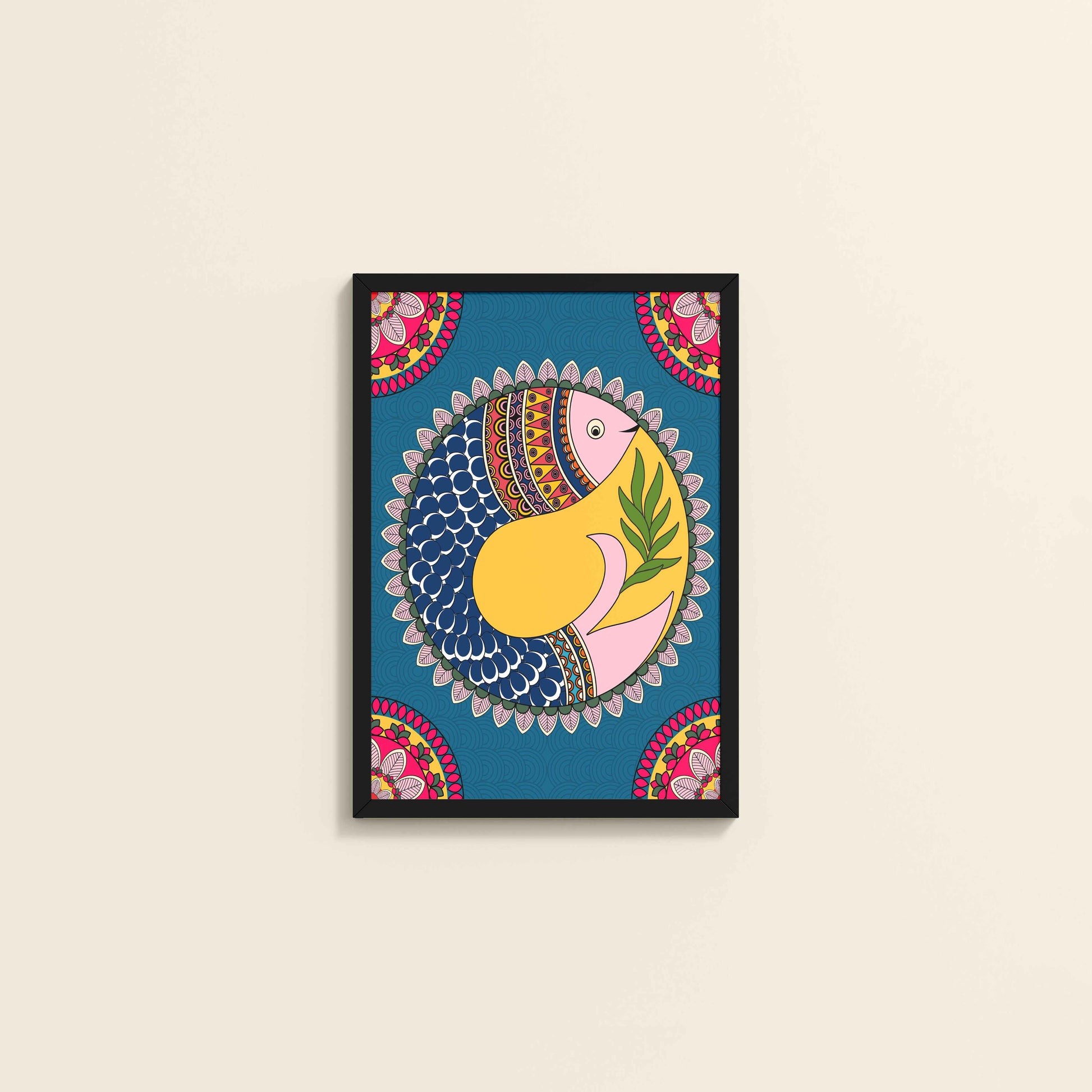 Wall View of Fish in Flow – Traditional Warli Art Wall Frame in Black Color Frame