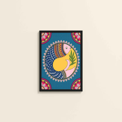 Wall View of Fish in Flow – Traditional Warli Art Wall Frame in Black Color Frame