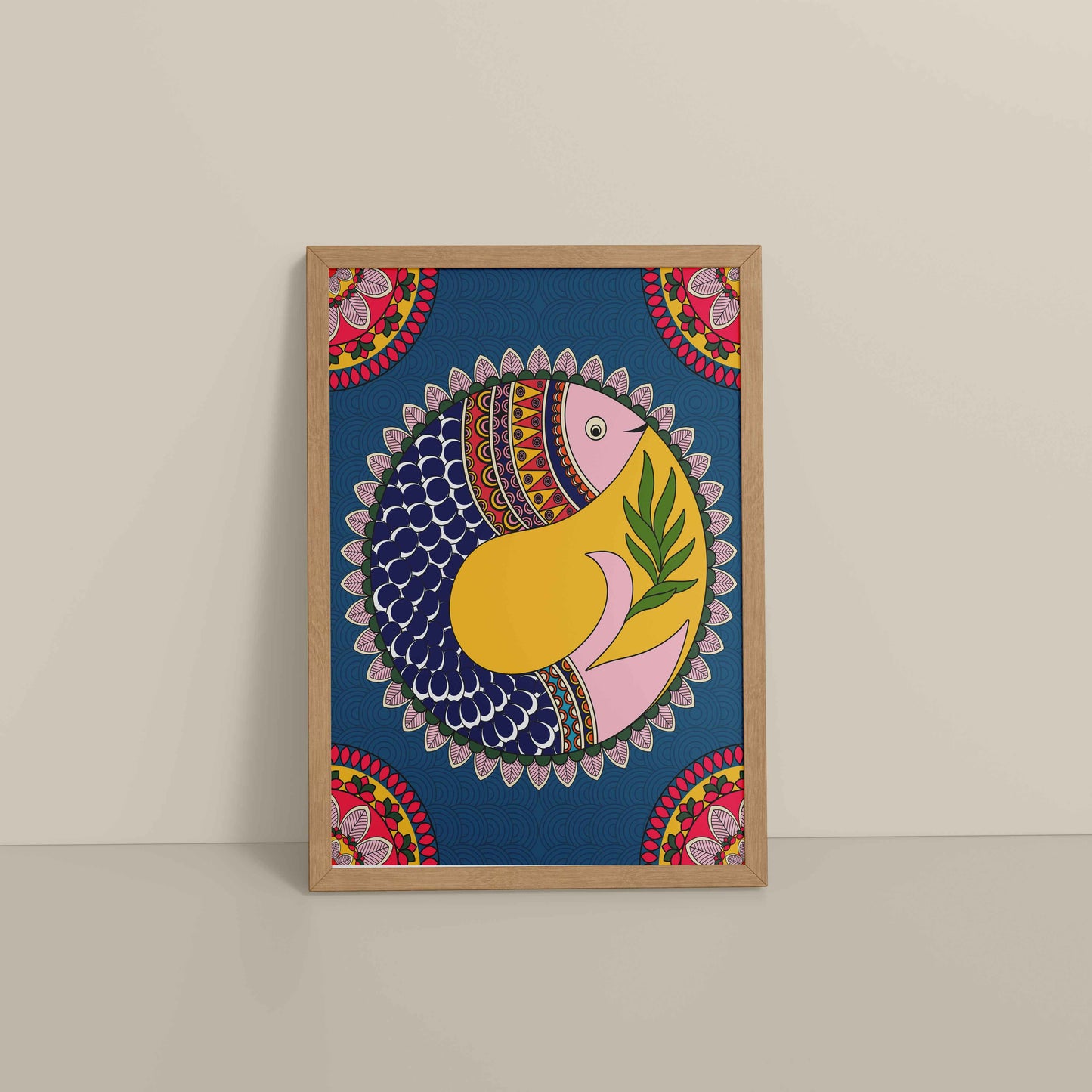 Floor View of Fish in Flow – Traditional Warli Art Wall Frame in Natrual Color Frame