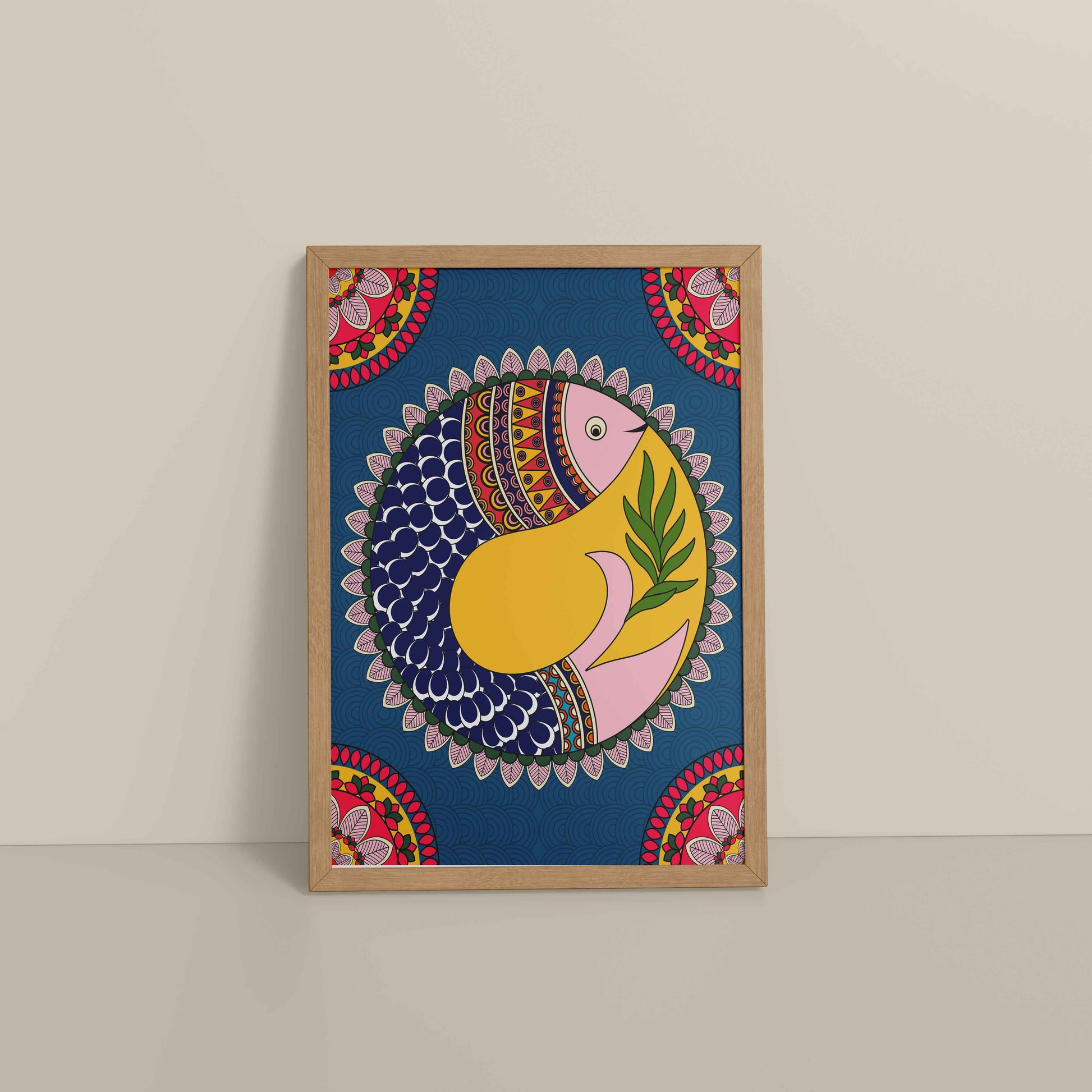 Floor View of Fish in Flow – Traditional Warli Art Wall Frame in Natrual Color Frame
