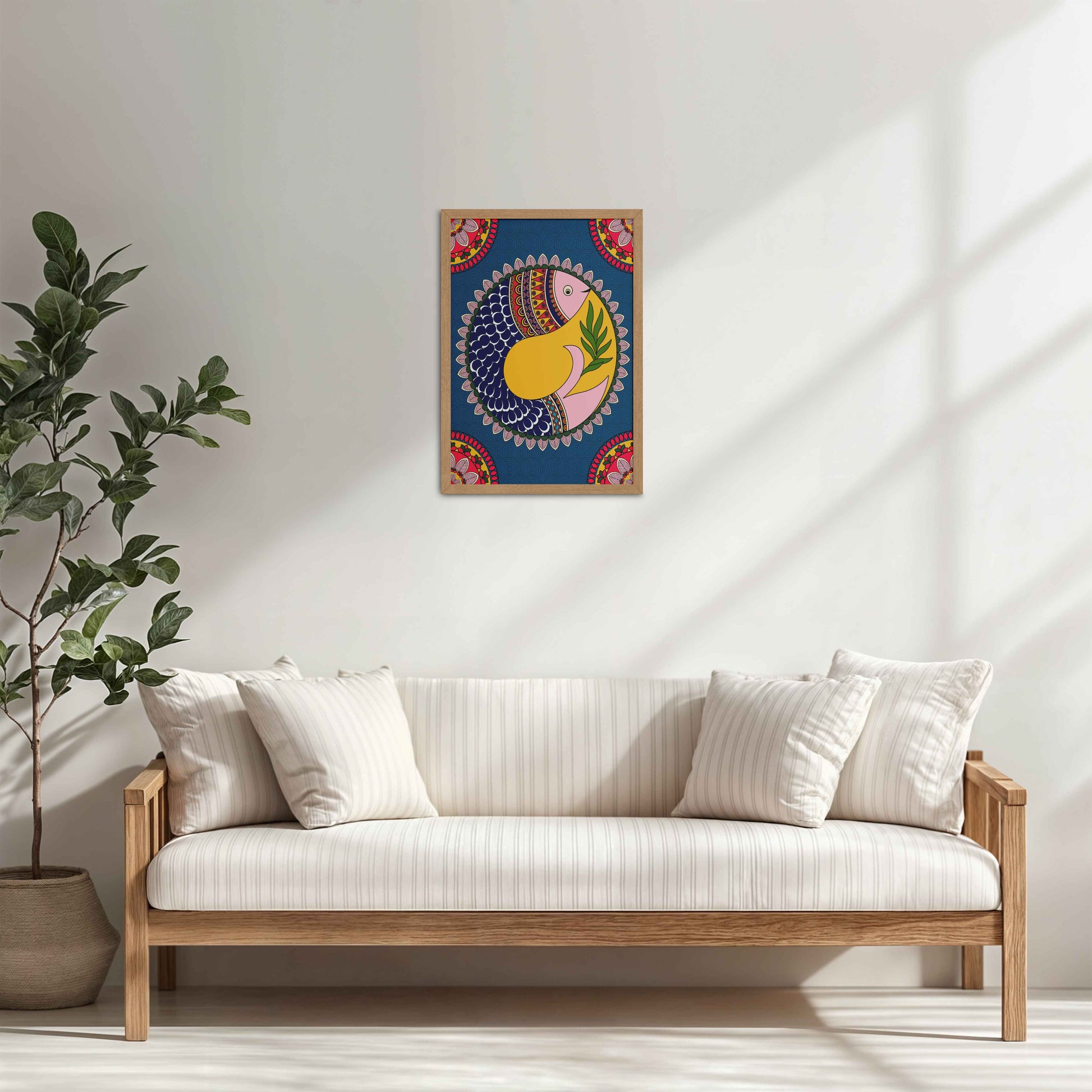 Living Room Cabinet Table Preview of Fish in Flow – Traditional Warli Art Wall Frame in Natrual Color Frame