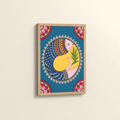 Side View of Fish in Flow – Traditional Warli Art Wall Frame in Natrual Color Frame