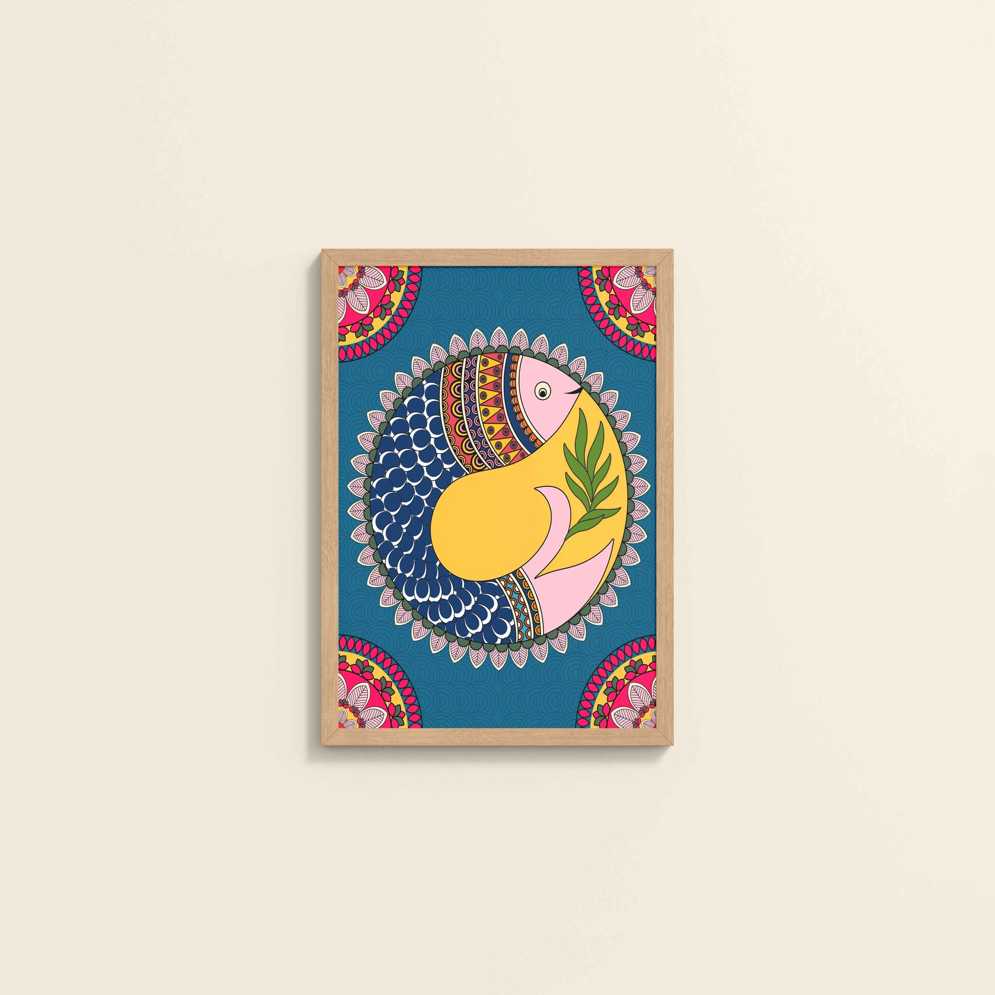 Wall View of Fish in Flow – Traditional Warli Art Wall Frame in Natrual Color Frame
