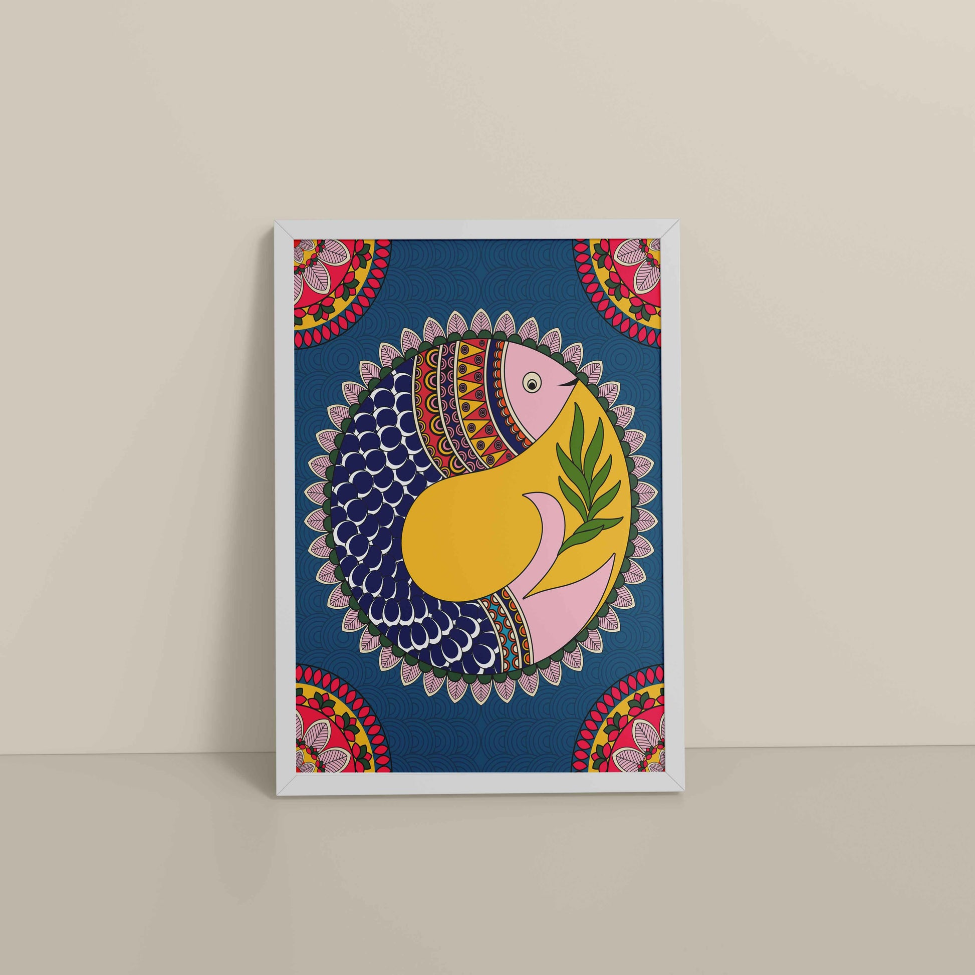 Floor View of Fish in Flow – Traditional Warli Art Wall Frame in White Color Frame