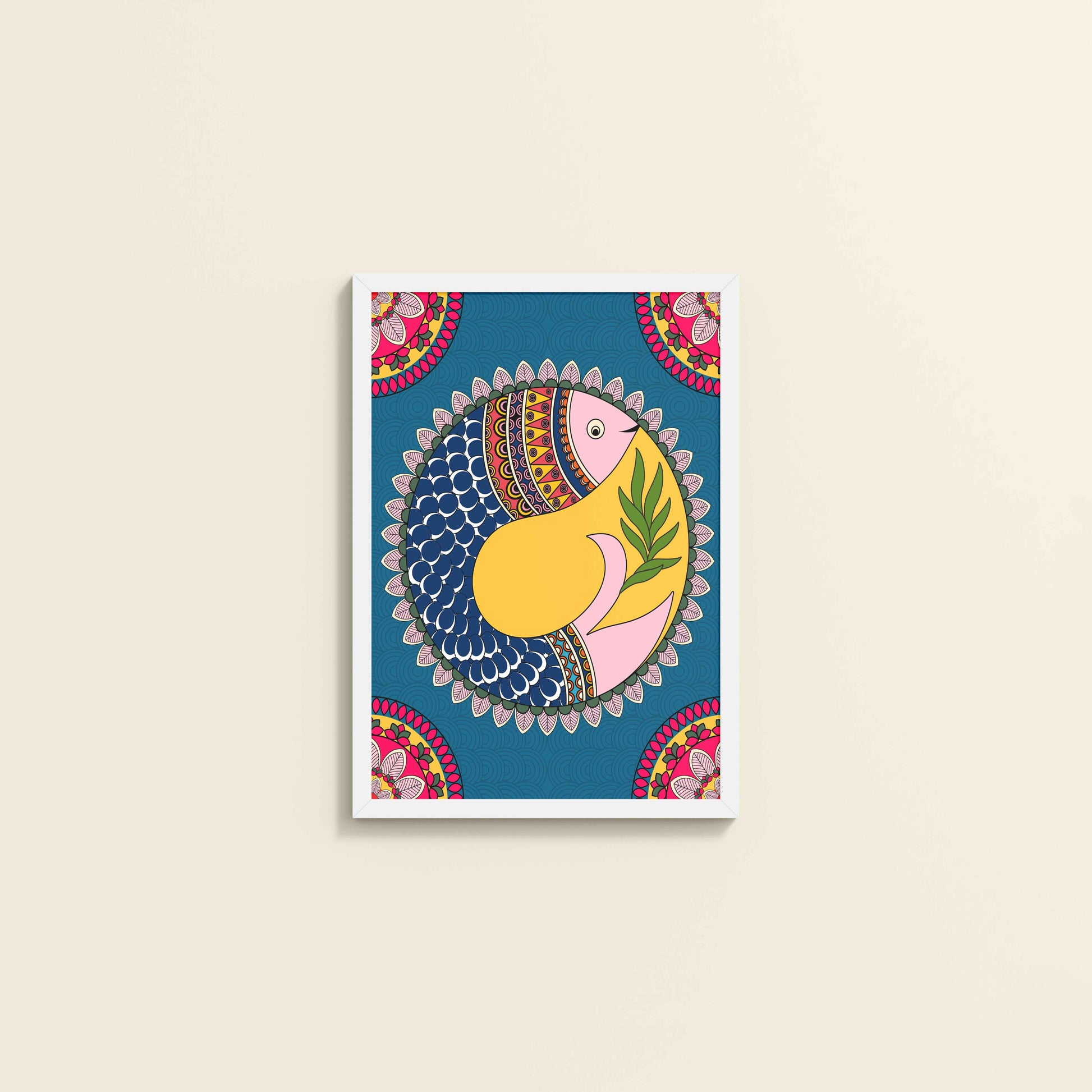 Wall View of Fish in Flow – Traditional Warli Art Wall Frame in White Color Frame
