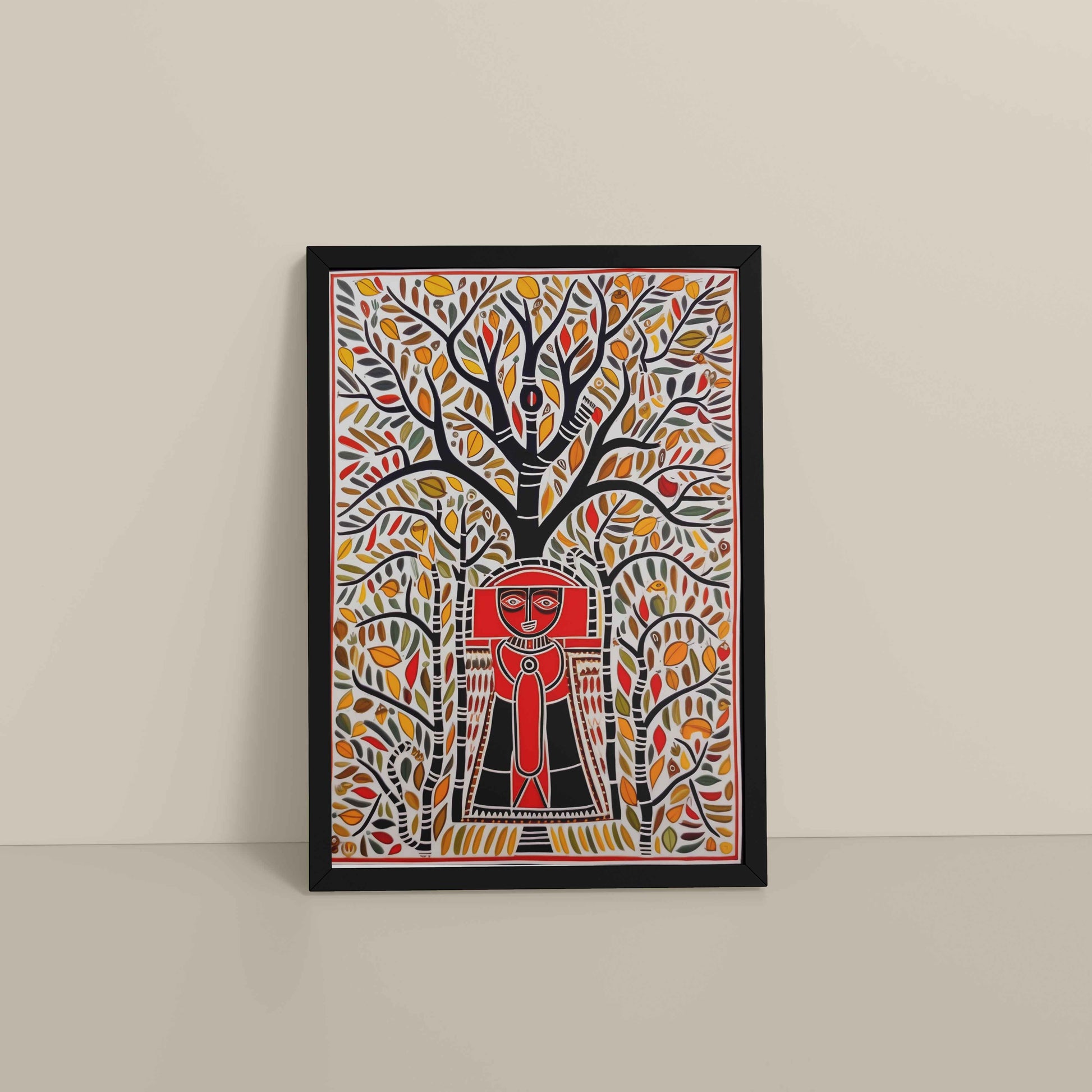 Floor View of Tree of Life with Tribal Guardian – Warli Art Frame in Black Color Frame