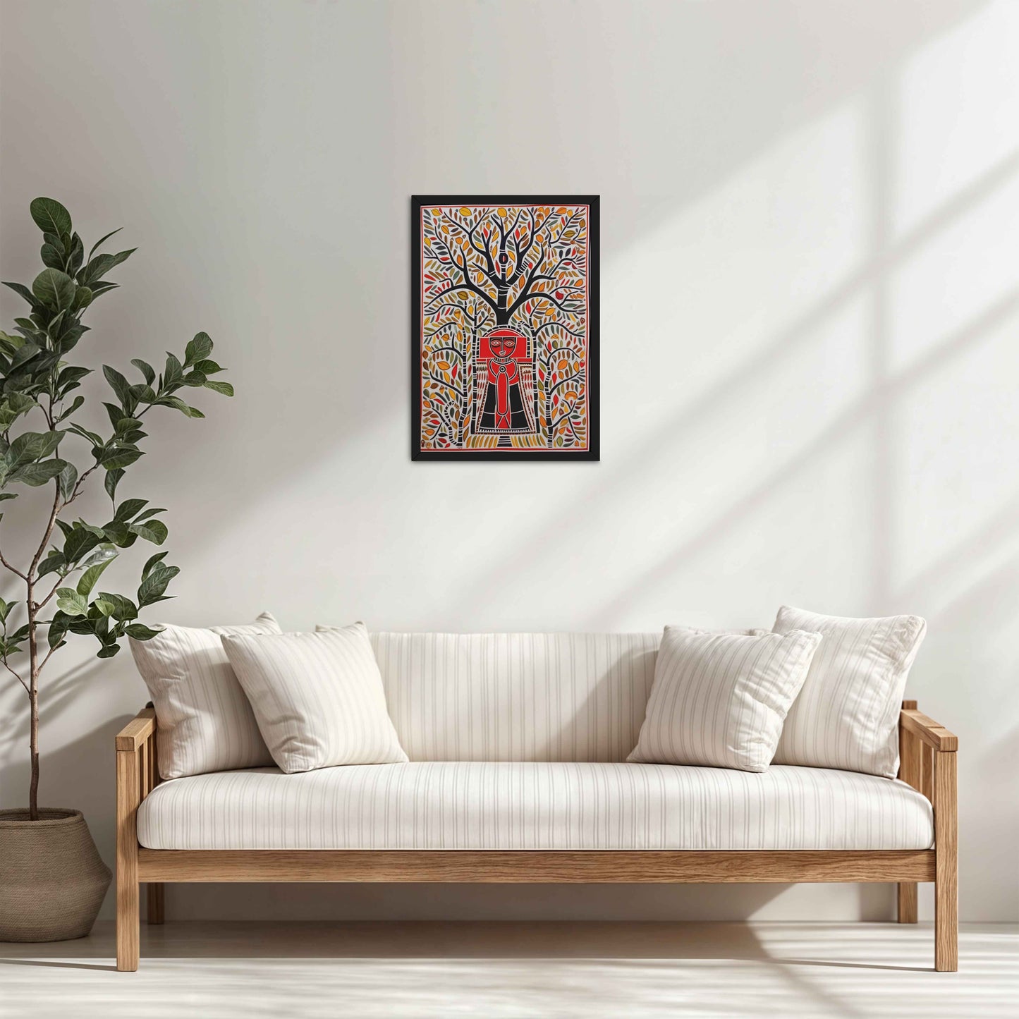 Living Room Cabinet Table Preview of Tree of Life with Tribal Guardian – Warli Art Frame in Black Color Frame