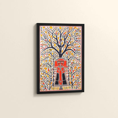 Side View of Tree of Life with Tribal Guardian – Warli Art Frame in Black Color Frame