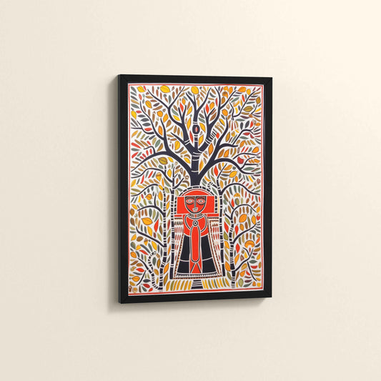 Side View of Tree of Life with Tribal Guardian – Warli Art Frame in Black Color Frame