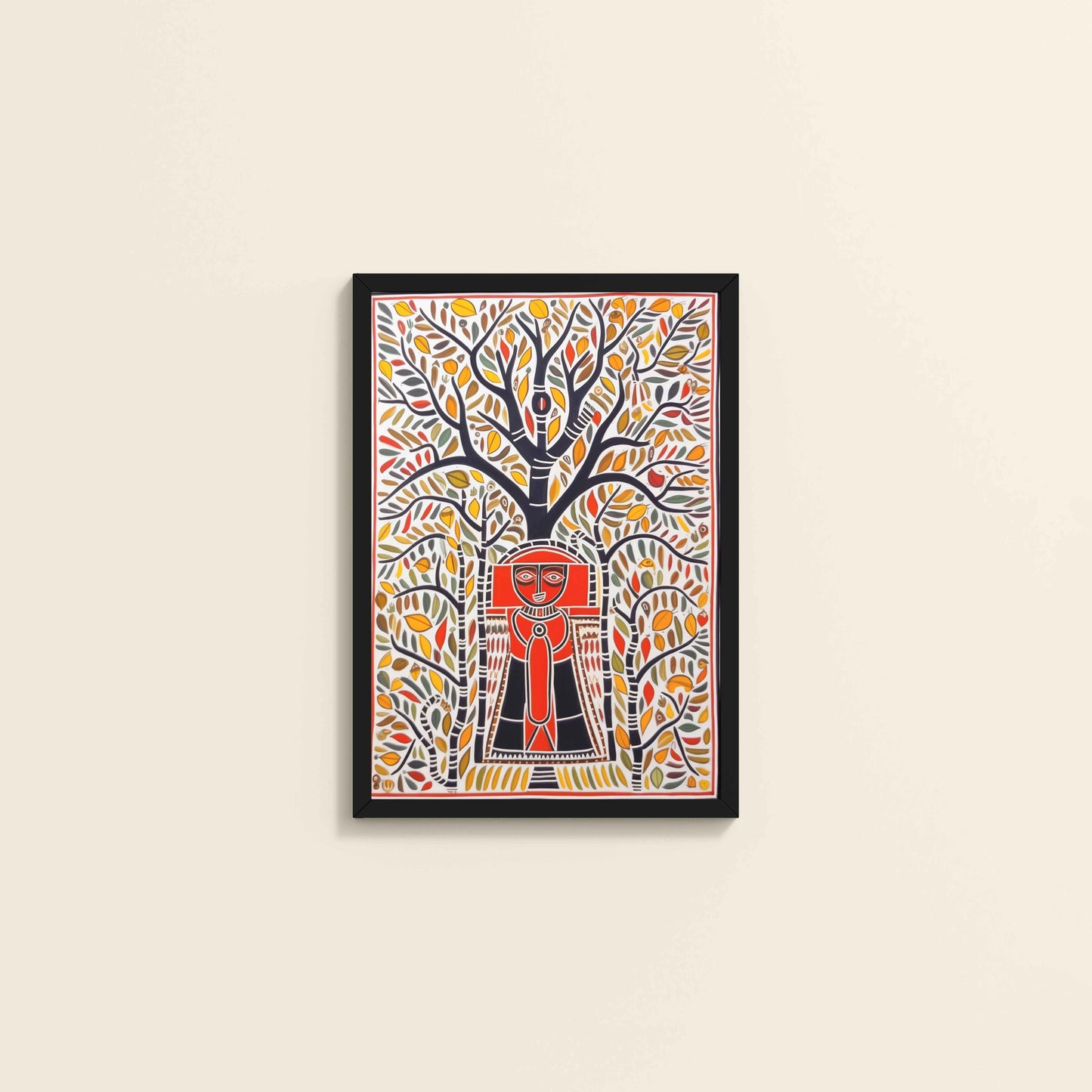 Wall View of Tree of Life with Tribal Guardian – Warli Art Frame in Black Color Frame