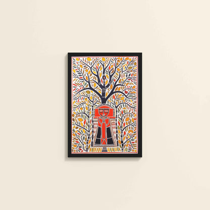 Wall View of Tree of Life with Tribal Guardian – Warli Art Frame in Black Color Frame