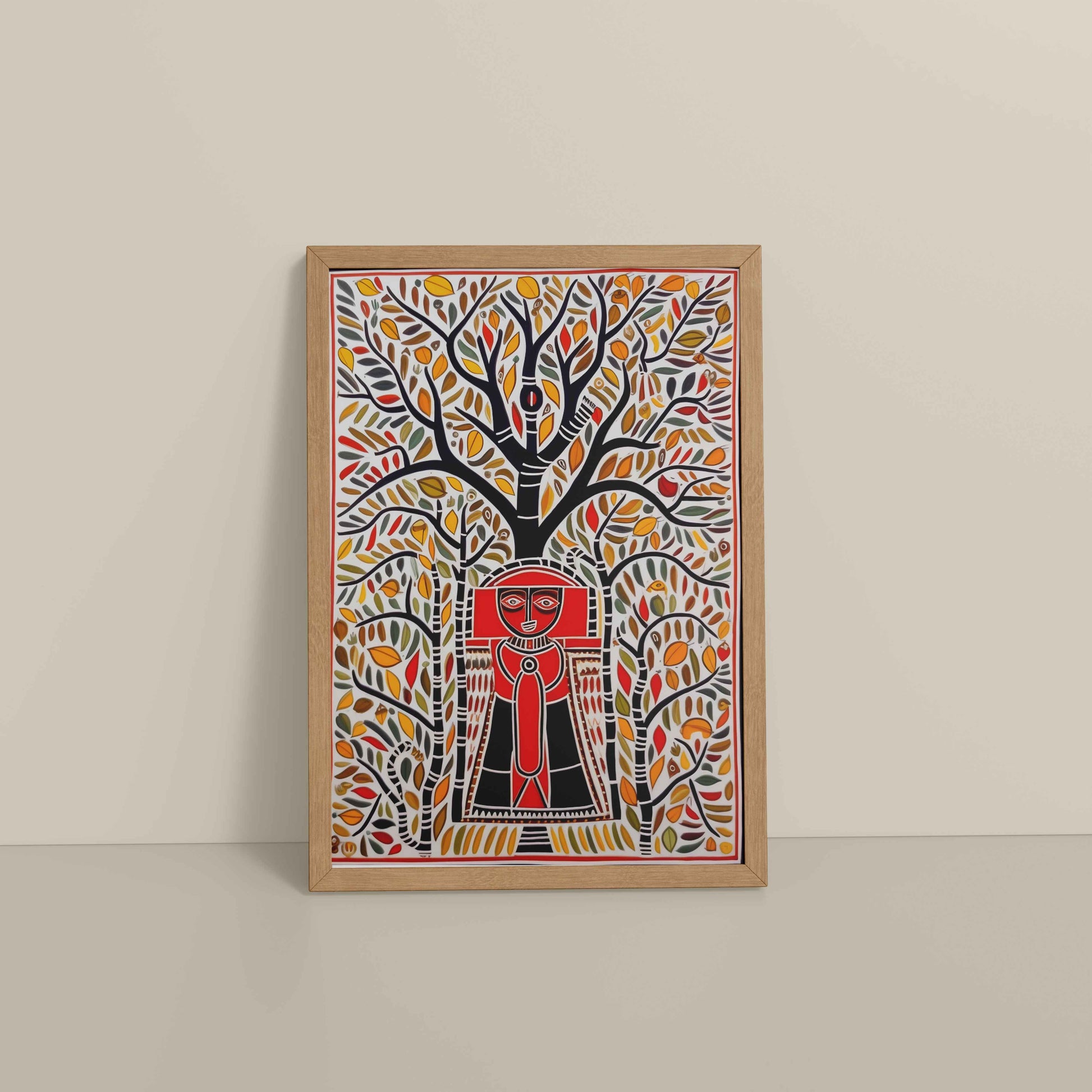 Floor View of Tree of Life with Tribal Guardian – Warli Art Frame in Natrual Color Frame